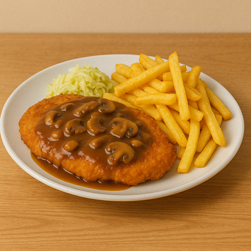 Jägerschnitzel mit Pommes